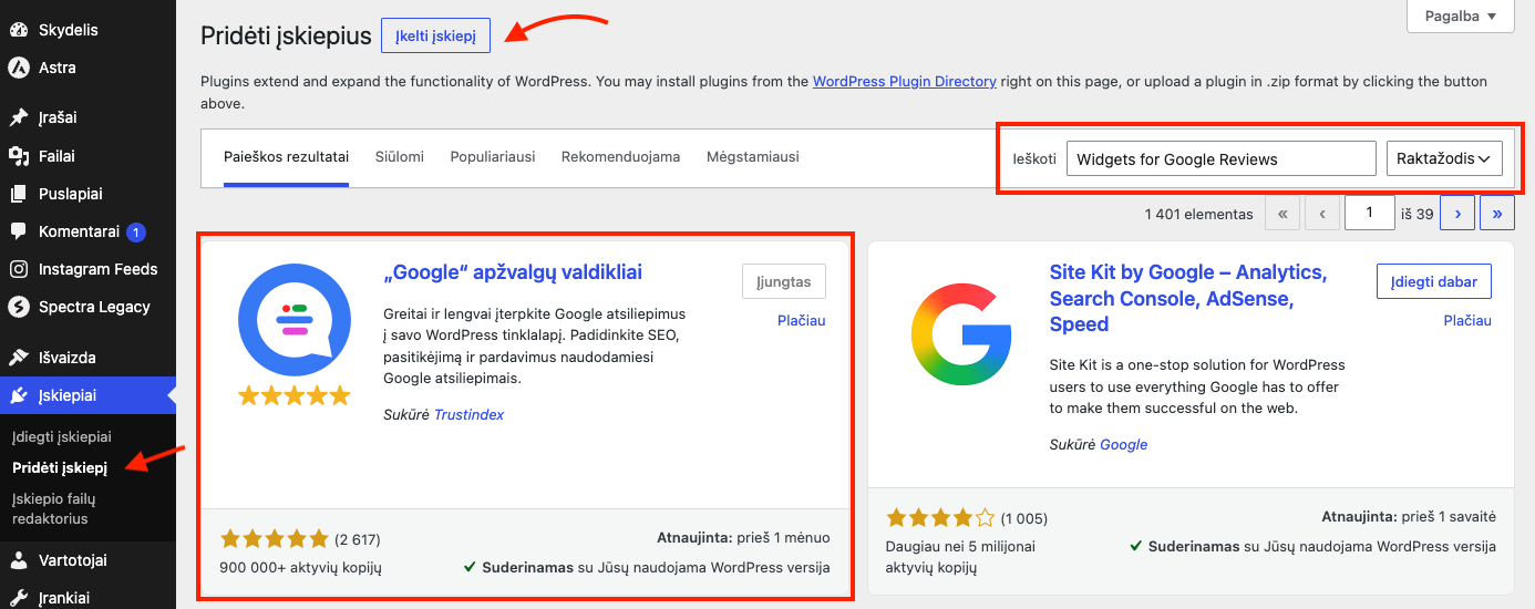 WordPress įskiepių paieška su „Widgets for Google Reviews“ nuo Trustindex