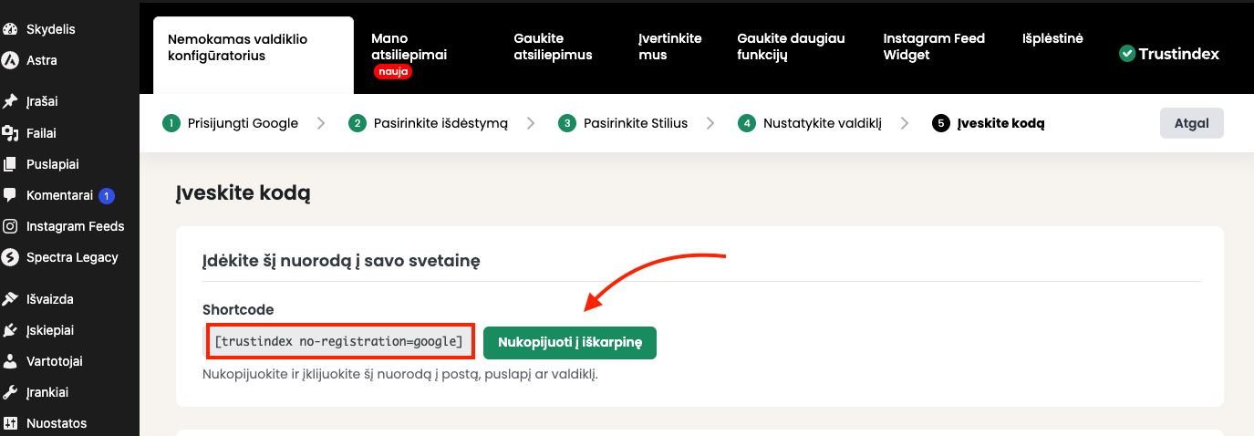 Trustindex žingsnis „Įveskite kodą“ su trumpuoju kodu ir kopijavimo mygtuku